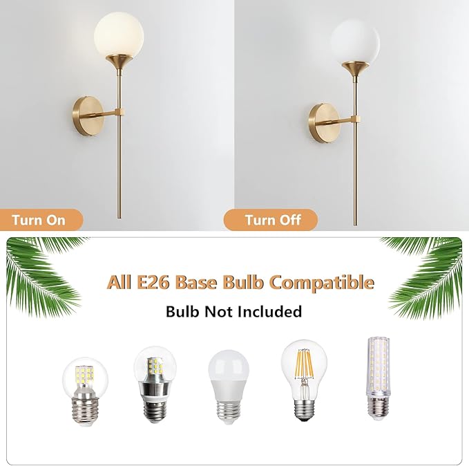KCO Lighting Modern Milk Glass Wall Mounted Light Gold Long Sconces Wall Lighting Globe Ball Round Wall Lamp Bathroom Bar Stairway Wall Light Fixture Brushed Brass Wall Sconce