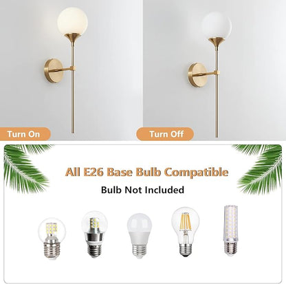 KCO Lighting Modern Milk Glass Wall Mounted Light Gold Long Sconces Wall Lighting Globe Ball Round Wall Lamp Bathroom Bar Stairway Wall Light Fixture Brushed Brass Wall Sconce