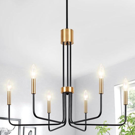 Modern Black and Gold Chandelier,6-Light Farmhouse Chandelier for Dining Room Light Fixtures Ceiling Hanging Industrial Chandelier Light Fixture for Kitchen Living Room Bedroom Entryway