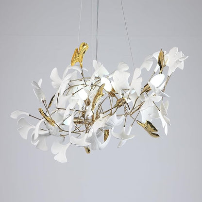 Gold Leaf Chandelier 31.5 Inch, Modern Brass Chandeliers Light,Ginkgo Chandelier for Living Room 5 Light Hanging Round Light Fixture 48 Leaves