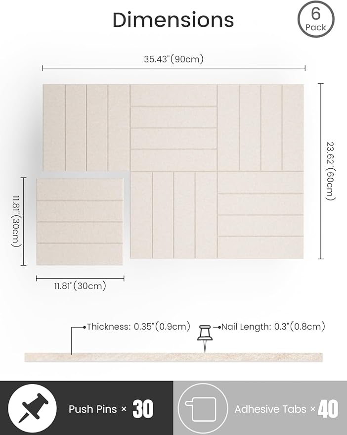 Bumusty Large Cork Board Alternative-36 x24 Felt Bulletin Board Tiles, with 30 Pushpins, 40 Adhesive Tabs, 6-Pack Slat Wall Paneling, Cork Boards for Office Push Pin Board Felt Board-Oatmeal