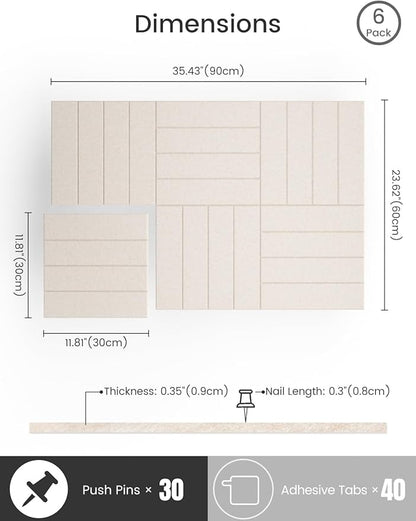 Bumusty Large Cork Board Alternative-36 x24 Felt Bulletin Board Tiles, with 30 Pushpins, 40 Adhesive Tabs, 6-Pack Slat Wall Paneling, Cork Boards for Office Push Pin Board Felt Board-Oatmeal