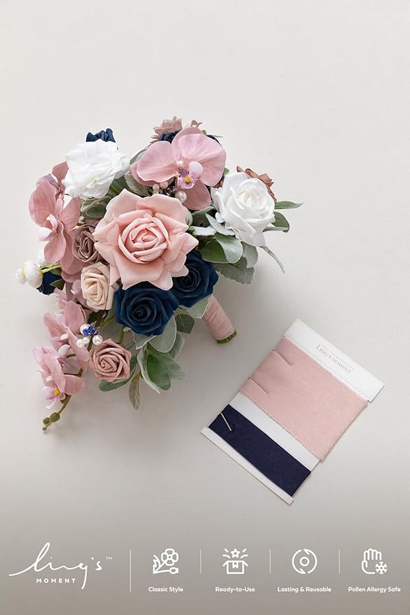 Ling's moment Pink Blue Bridal Bouquet Cascading, Dusty Rose Navy Wedding Bouquets for Bride, 13 Inch Bride Artificial Flowers Bouquets