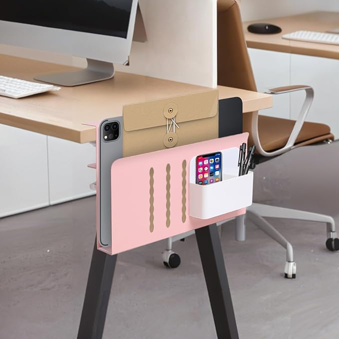 Desk Side Storage Under Desk Laptop Holder, No Drill Hanging Desk Organizer with Pen Holder, Clamp-On Table Side Desktop Organization Mount for Office and Home (Pink)