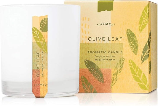 Thymes Aromatic Jar Candle - Olive Leaf Scented Candle for a Woody, Floral Home Fragrance - Matte White Candles (7.5 oz)