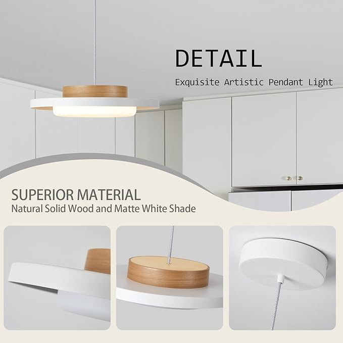 Mid Century Modern Pendant Lighting,15.7 inch,Natural Wood Cap, 3000K/Warm White/22W,Dimmable LED Pendant Light Fixtures, for Kitchen, Dining Room, Living Room
