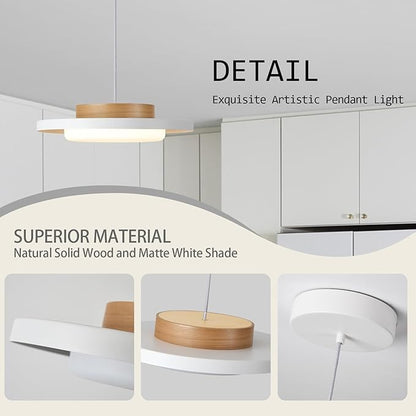 Mid Century Modern Pendant Lighting,15.7 inch,Natural Wood Cap, 3000K/Warm White/22W,Dimmable LED Pendant Light Fixtures, for Kitchen, Dining Room, Living Room