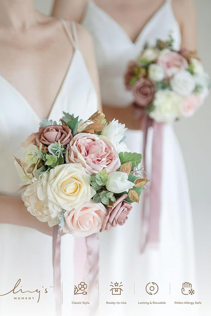 Ling's moment Artificial Flowers Pink Bridesmaid Bouquet, Dusty Rose Wedding Flowers Bouquets for Bridesmaids, 7 Inch Bridal Bouquets for Bridesmaids, Wedding, Ceremony, Anniversary, etc