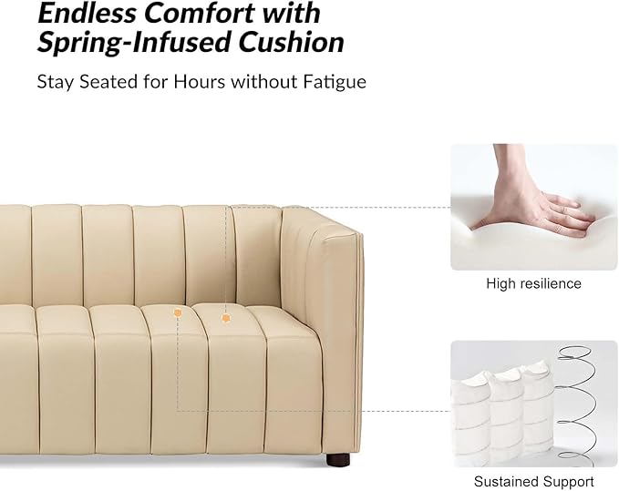 HULALA HOME 83" Genuine Leather Sofa with Channel Tufted Design, 3-Seater Sofa for Living Room Bedroom, Modern Oversized Couch with Wood Legs, Beige