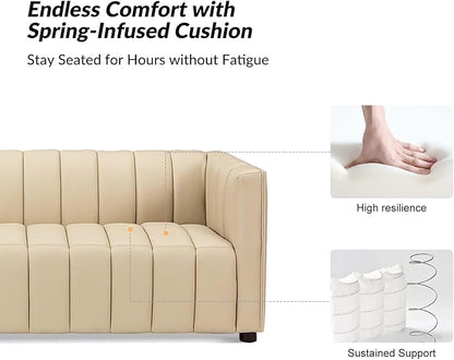 HULALA HOME 83" Genuine Leather Sofa with Channel Tufted Design, 3-Seater Sofa for Living Room Bedroom, Modern Oversized Couch with Wood Legs, Beige
