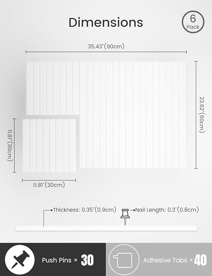 Bumusty Large Cork Board Alternative-36 x24 Felt Bulletin Board Tiles, with 30 Pushpins, 40 Adhesive Tabs, 6-Pack Slat Wall Paneling, Cork Boards for Office Push Pin Board Felt Board-Milky White