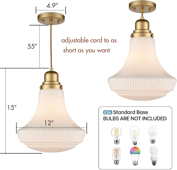 CLAXY Modern Gold Pendant Light Over Kitchen Island with Milky White Glass Shade Adjustable Hanging Pendant Lighting for Kitchen Dining Room Bedroom Restaurant