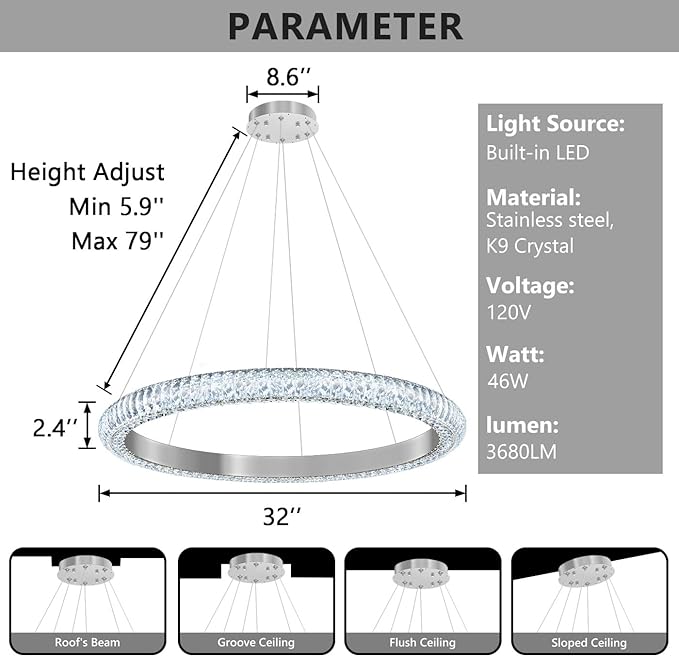 31.5" 1 Ring Crystal Chandelier Modern LED Dimmable Ring Pendant Light Chandelier for Dining Room Living Room Silver