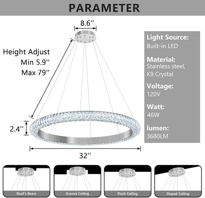 31.5" 1 Ring Crystal Chandelier Modern LED Dimmable Ring Pendant Light Chandelier for Dining Room Living Room Silver