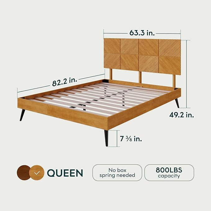 Bme Rhombus Queen Bed Frame – Solid Acacia Wood with Geometric Rhombus Headboard, Teak Brown Finish, Scandinavian Modern Platform Bed with Sturdy Slats & Metal Legs, No Box Spring Needed