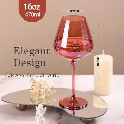 Physkoa Rose Colored Wine Glasses Set - 6 x 16oz Bordeaux Wine Glasses With Large & Long Stem, Perfect Gifts for Birthday, Wedding, Bridal Showers