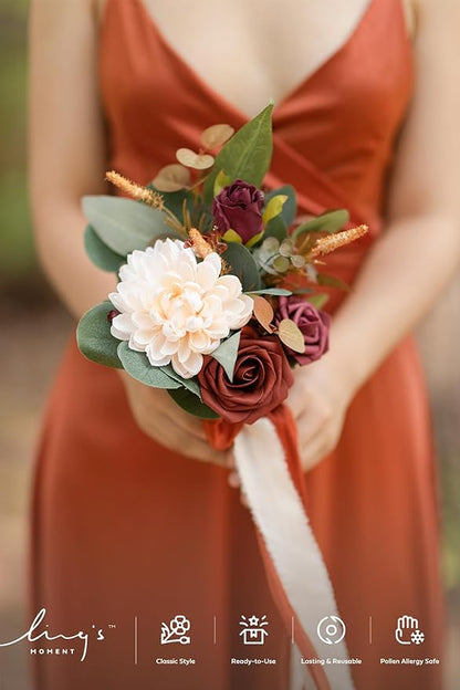 Ling's moment Artificial Flowers Terracotta Bridesmaid Bouquet, Fall Wedding Flowers Bouquets for Bridesmaids, 7 Inch Bridal Bouquets for Bridesmaids, Wedding Decor, Ceremony, Anniversary, etc
