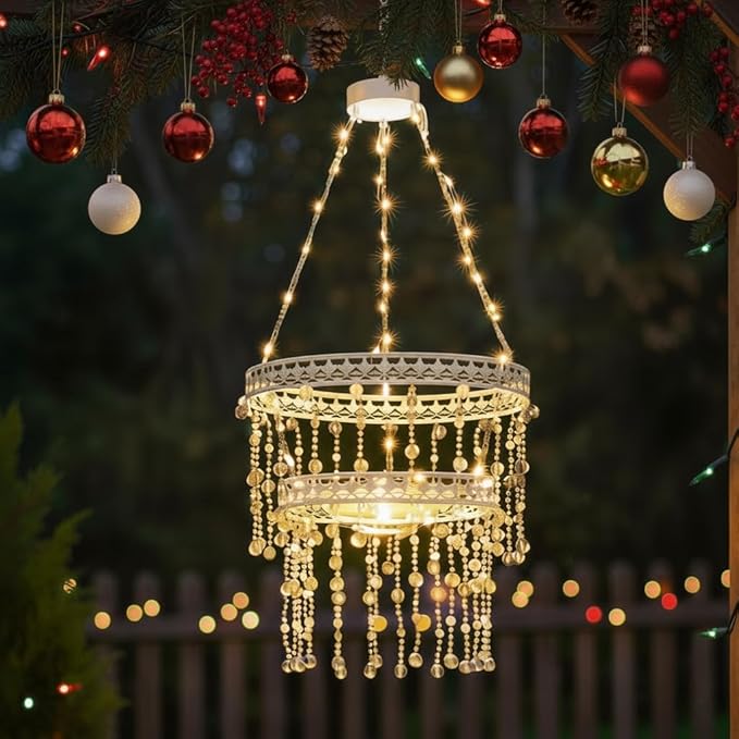 Solar Hanging Crystal Chandelier Outdoor Garden Decorative Lights Powerful Lithium Battery 54 Warm White LEDs Waterproof Hanging Lantern for Garden, Yard, Patio, Gazebo, Party, Wedding 2 Tier