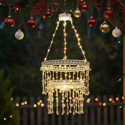 Solar Hanging Crystal Chandelier Outdoor Garden Decorative Lights Powerful Lithium Battery 54 Warm White LEDs Waterproof Hanging Lantern for Garden, Yard, Patio, Gazebo, Party, Wedding 2 Tier