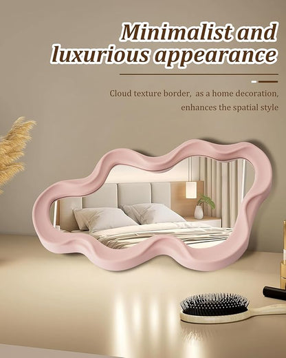 Funky Small Decorative Wall Mirror - Pink Asymmetrical Wavy Design,Hanging Mirror for Bedroom, Bathroom Entryway Modern Irregular Squiggly Shape,Compact Size, Easy Install