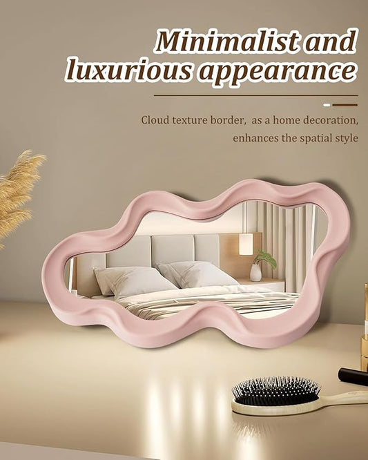 Funky Small Decorative Wall Mirror - Pink Asymmetrical Wavy Design,Hanging Mirror for Bedroom, Bathroom Entryway Modern Irregular Squiggly Shape,Compact Size, Easy Install