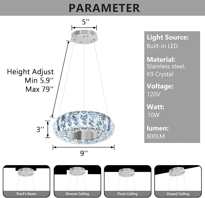 8" Ring Modern LED Dimmable Crystal Chandelier Adjustable Height Pendant Light Round Crystal Chandelier Light Fixtures for Dining Room Living Room Kitchen Island Silver