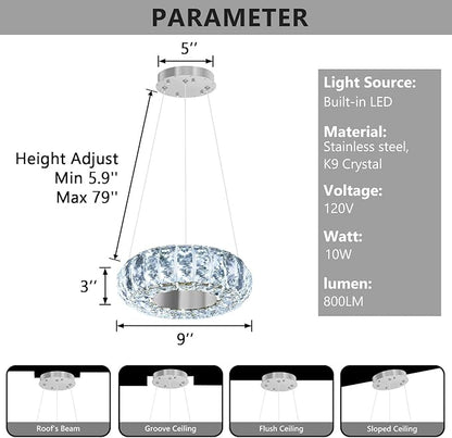 8" Ring Modern LED Dimmable Crystal Chandelier Adjustable Height Pendant Light Round Crystal Chandelier Light Fixtures for Dining Room Living Room Kitchen Island Silver