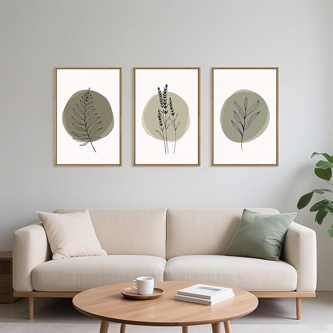 HOURIA Sage Green Leaves Framed Canvas Wall Art Set,Minimalism Boho Leaf Wall Decor, Modern Nature Botanical Wall Painting,Mid Century Plant Art Prints for Living Room,Bedroom,Farmhouse-24 x36 x3