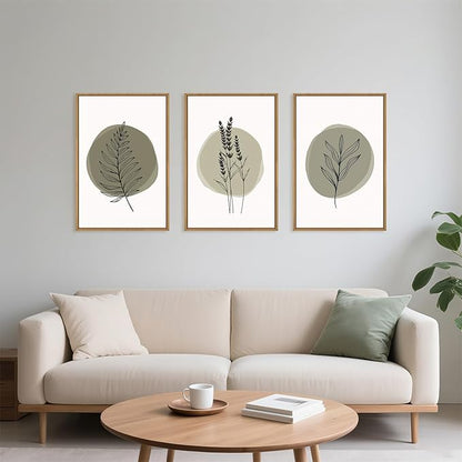 HOURIA Sage Green Leaves Framed Canvas Wall Art Set,Minimalism Boho Leaf Wall Decor, Modern Nature Botanical Wall Painting,Mid Century Plant Art Prints for Living Room,Bedroom,Farmhouse-16 x24 x3