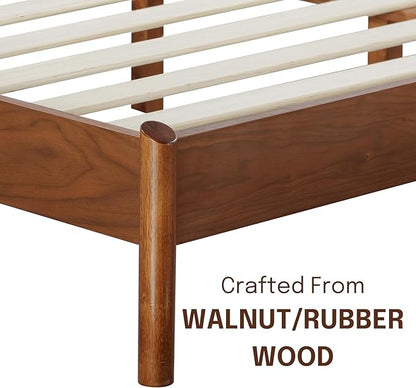 NTC Gem Wooden Bed Frame with Headboard and Natural Rattan, Solid Oak/Rubber Wood Foundation with Silent Slats, 1000 Lb Capacity, Effortless Assembly (Natural Cane - Dark Walnut, Queen)