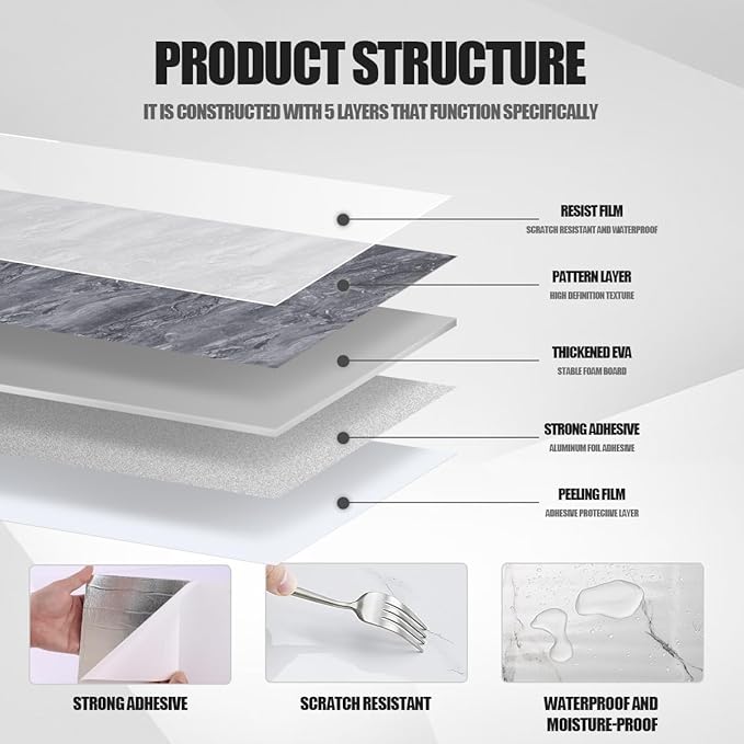 22pcs Marble Peel and Stick Backsplash Waterproof Washroom Wall Panels, Peel and Stick Tile, PVC Foam Wall Panels for Kitchen,Bathroom,Living Room,Grey (Not Real Tile,11.8" x 11.8")