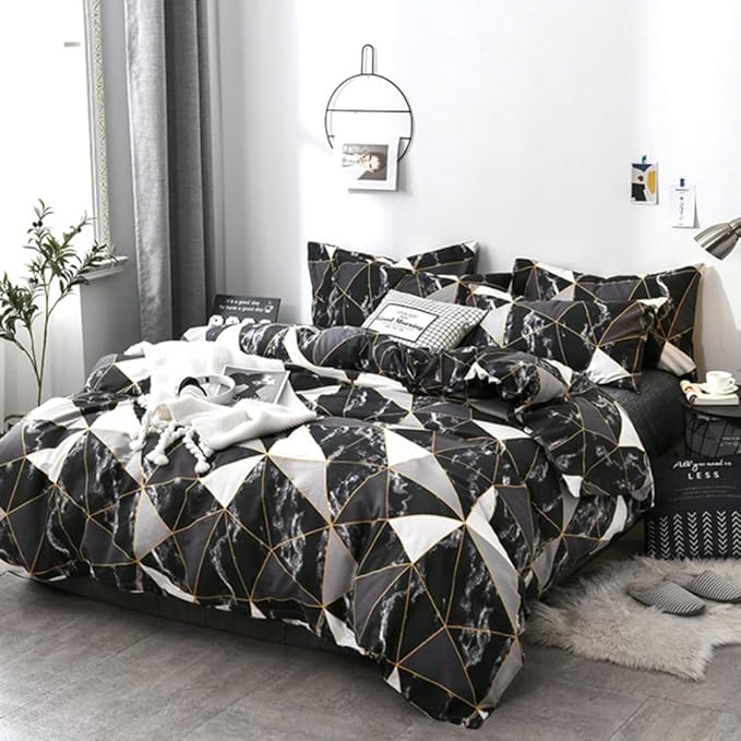 CLOTHKNOW Black White Triangle Comforter Sets Full Marble Bedding Comforter Sets Geometric Comforter Black Comforter with 2 x Pillow Cases