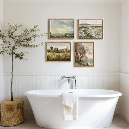 KBKBART Framed Vintage Wall Art Prints, Retro Countryside Flower Field Nature Wilderness Canvas Painting Farmhouse Decor Wall Art, Rustic Landscape Wall Decor for Bathroom, Bedroom Living Room,