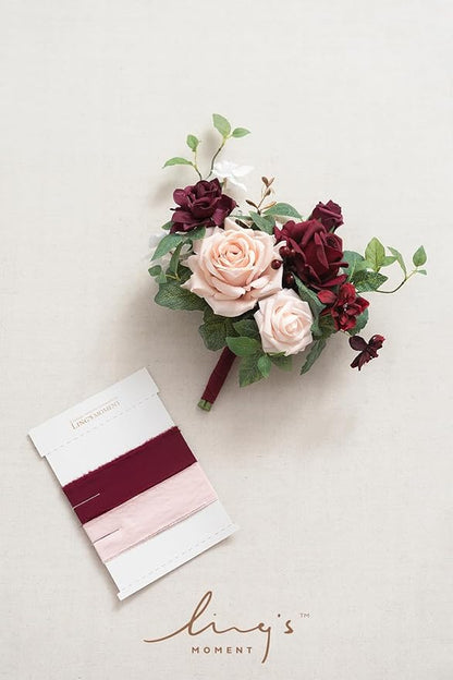 Ling's moment Artificial Flowers Red Bridesmaid Bouquet, Red & Blush Wedding Flowers Bouquets for Bridesmaids, 7 Inch Bridal Bouquets for Bridesmaids, Wedding Decor, Anniversary, etc