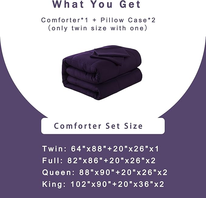 DOWNCOOL King Size Comforter Set -All Season Bedding Comforters Sets with 2 Pillow Cases -3 Pieces Bed Set Down Alternative King Bedding Set -Purple King Comforter Set(102"x90")