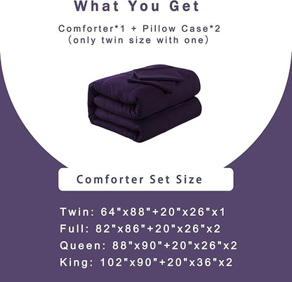 DOWNCOOL King Size Comforter Set -All Season Bedding Comforters Sets with 2 Pillow Cases -3 Pieces Bed Set Down Alternative King Bedding Set -Purple King Comforter Set(102"x90")