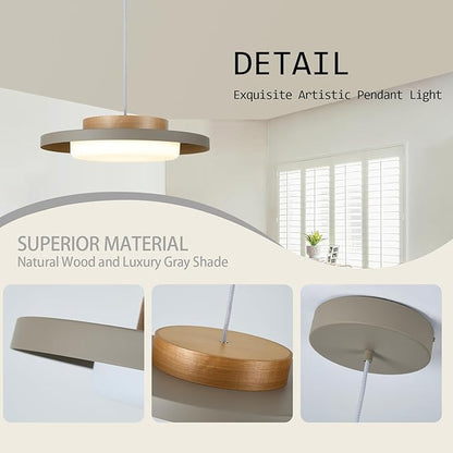 Modern Pendant Lights,15 inch,Natural Wood Cap,3000K/Warm White/22W Dimmable,LED Pendant Light Fixtures for Kitchen, Dining Room, Living Room,Gray