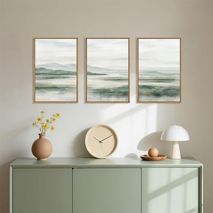 HOURIA Large Watercolor Misty Green Mountain Framed Canvas Wall Art,Neutral Brush Stroke Wall Decor,Modern Landscape Artwork,Nature Minimalist Art Print for Living Room,Bedroom,Office-24 x36 x3