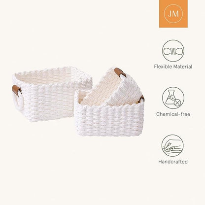 LA JOLIE MUSE Woven Storage Baskets for Organizing, Recycled Paper Rope Basket Bin Divider for Makeup Towel Shelf Cupboards Drawer, Decorative White Storage Basket Set of 3