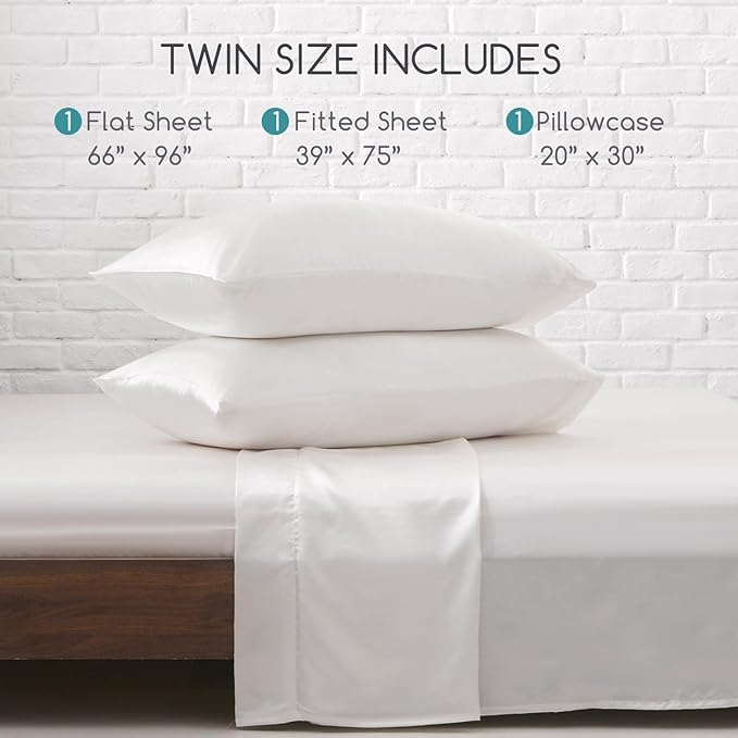 MR&HM Satin Bed Sheets, Twin Size Sheets Set, 3 Pcs Silky Bedding Set with 15 Inches Deep Pocket for Mattress (Twin, Ivory)