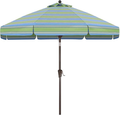 MASTERCANOPY 9ft Olefin Valance Patio Umbrella with Tilt Crank, 5-Year-Non-Fading Canopy & 8 Fiberglass Ribs for Deck, Patio, and Garden, Blue-Green-Yellow Multi-Stripes