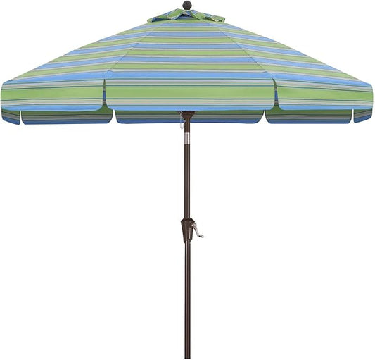 MASTERCANOPY 9ft Olefin Valance Patio Umbrella with Tilt Crank, 5-Year-Non-Fading Canopy & 8 Fiberglass Ribs for Deck, Patio, and Garden, Blue-Green-Yellow Multi-Stripes