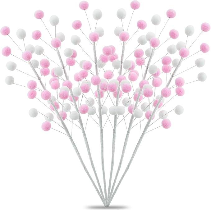 6 Pcs Pink White Pom Poms Christmas Decorations & Felt Christmas Picks and Sprays DIY Xmas Tree Toppers, Festive Tree Filler & Decor (PinkWhite)