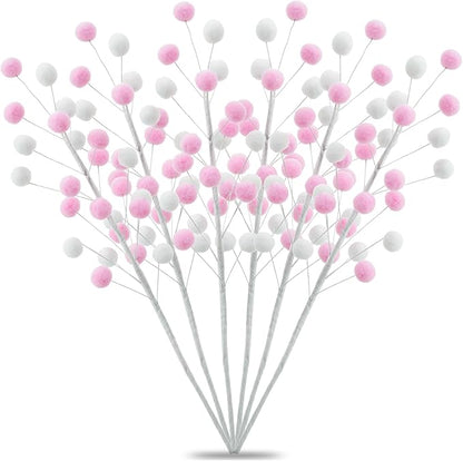 6 Pcs Pink White Pom Poms Christmas Decorations & Felt Christmas Picks and Sprays DIY Xmas Tree Toppers, Festive Tree Filler & Decor (PinkWhite)