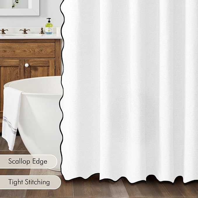 MIULEE White Scalloped Shower Curtain Linen Textured with 12 Metal Hooks Cute Heavy Duty Washable Waterproof Thick Cloth Shower Curtains with Black Border for Bathroom Hotel Bathtub,W72*L72