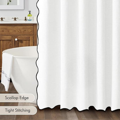 MIULEE White Scalloped Shower Curtain Linen Textured with 12 Metal Hooks Cute Heavy Duty Washable Waterproof Thick Cloth Shower Curtains with Black Border for Bathroom Hotel Bathtub,W72*L72