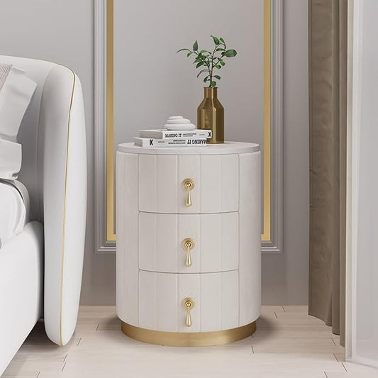 homary White Velvet Nightstand with 3 Drawers, Round Bedside Table with Sintered Stone Top, Modern Nightstand with Storage for Bedroom, End Table for Living Room