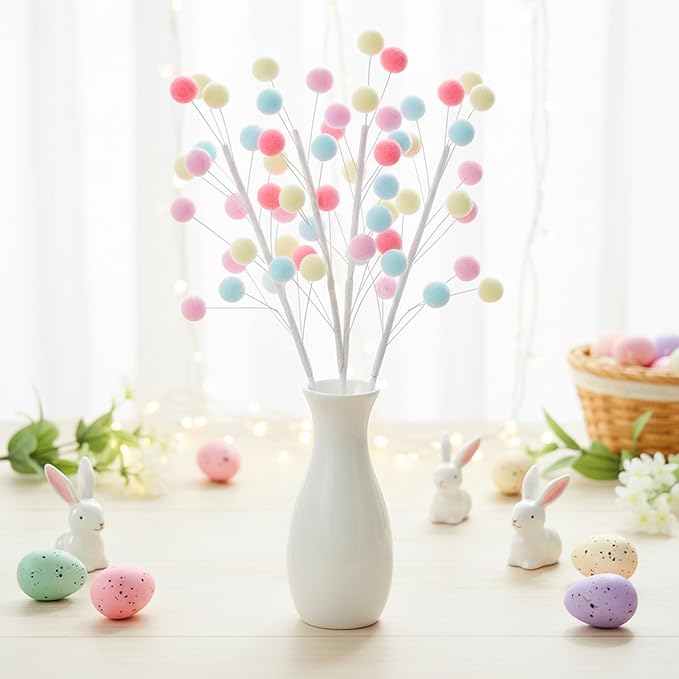 6 Pcs Pastel Pom Poms Christmas Decorations & Felt Christmas Picks and Sprays DIY Xmas Tree Toppers, Easter Deocrantions Festive Tree Filler & Easter Decor (Pastel Colors)
