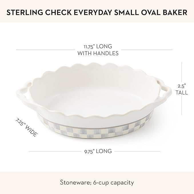 MACKENZIE-CHILDS Everyday Oval Casserole Baker, Cute Oven Baker, Small, Gray-and-White Sterling Check
