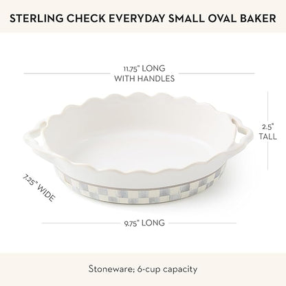MACKENZIE-CHILDS Everyday Oval Casserole Baker, Cute Oven Baker, Small, Gray-and-White Sterling Check